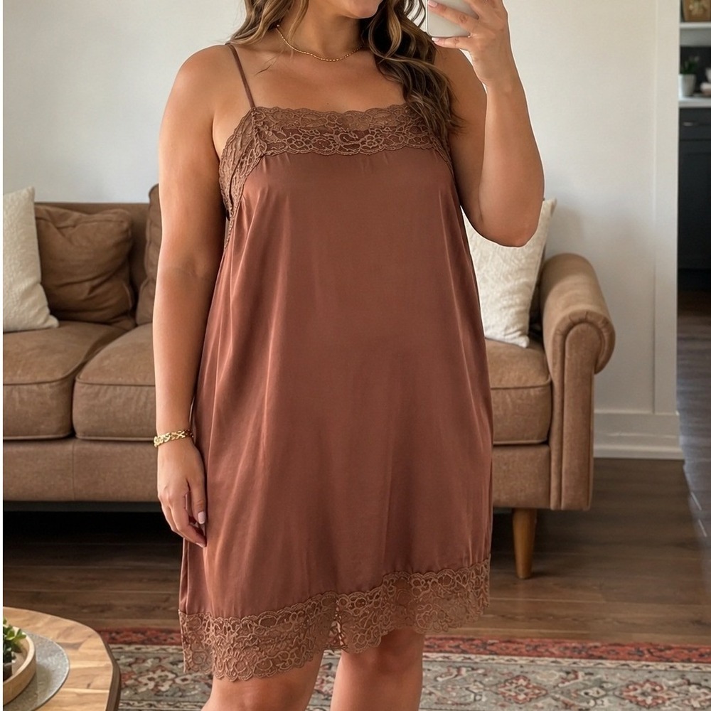 Aerie Satin Lace Trim Slip Dress XL Brown Coquette Cottagecore Boho Feminine